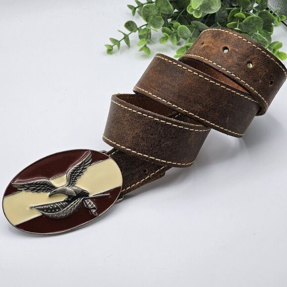Other - Vintage Brown‎ Leather Belt Men's Majestic Eagle with Flag Buckle Inlay Men's